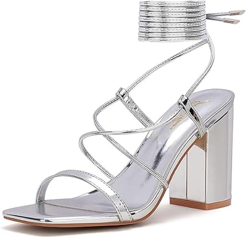GENSHUO Sandali da Donna Estivi con Cinturino e Tacco Largo, con Lacci e Punta Quadrata Aperta per Matrimonio, Argento B, EU 37