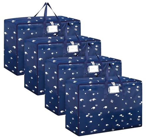 SUNNOW 4 Pcs 105L Large Storage Bag, Large Moving Bag with Zips for Moving Storage Clothes Bedding Duvet Quilt Blankets Waterproof Moving Totes Christmas Storage Containers (Dark blue)