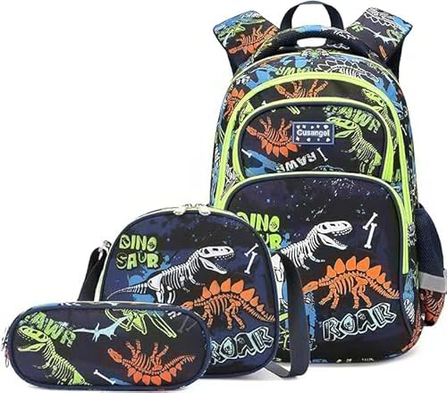 Cusangel Dinosaur Backpack Set,3Pcs Boys Backpack with Lunch Box Pencil Case, Water Repellent Bookbag for School Travel, Lightweight Rucksack