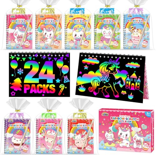 ZMLM Scratch Art Bambini, 24 Libri Libricini Regalo Fine Festa, Scratch Painting Paper Set con 26 Stilo in Legno, 24 Righelli Modello, Fogli Neri da Grattare per Regalini Fine Festa Compleanno Ragazze