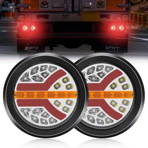 NWpangu Luci posteriori rotonde a LED 4 pollici 12V 24V Fanale posteriore multifunzione Freno Stop Indicatore di direzione Luce di retromarcia per semirimorchio trattore, 2 pezzi (Rubber)