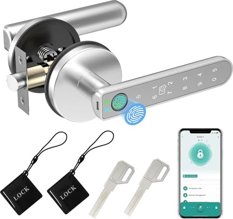 Smart Door Knob with Smart APP, Fingerprint, IC Cards, Password, Backup Keys - 5 in 1 for Bedroom, Office, Apartment - Silver