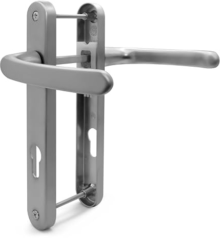 TSS Silver UPVC Door Handle Pair Set, Sprung, 92mm PZ (Centres), Lever Lever, 203mm Screw To Screw (screw centres), Backplate 232mm x 32mm - Replacement PVC Door Handle in Silver, Suits Everest/Asgard