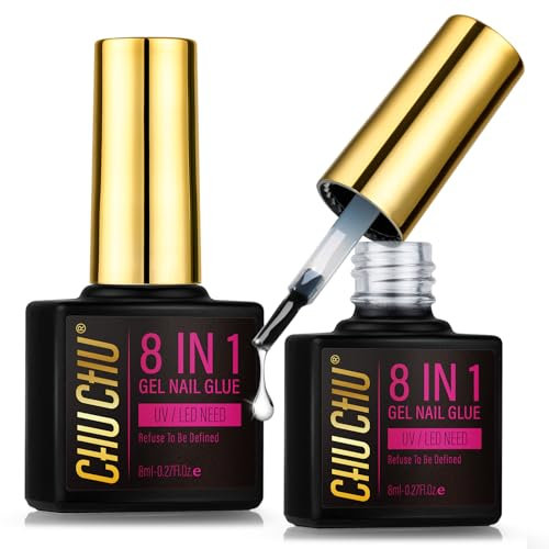 Colla per Unghie Finte Gel Tips - CHUCHU 8 in 1 UV Nail Glue Base Coat Smalto Semipermanente, Colla Unghie Finte Extra Forte per Incollare Unghie a Pressione, Tip Unghie, Unghie Artificiali, 16ml