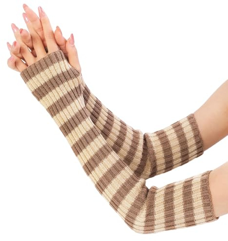 1 Paar Winter Gestrickte Handschuhe,Wärmer Handstulpen,Lange Fingerlose Handschuhe,Strick Gloves,Armwärmer Stulpen,Fingerlose Armstulpen,Handwärmer Stulpen,Dehnbare Häkelhandschuh,Khaki + Beige