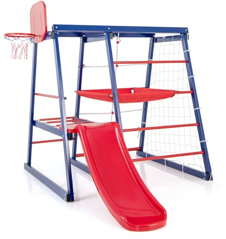 HOMASIS Spielplatz für den Außenbereich mit Rutsche, Kletterleitern, Seilleiter, Fußballnetz, Basketballkorb, Plattform aus Stoff, für Kinder von 3 bis 7 Jahren, 150 x 142 x 146 cm