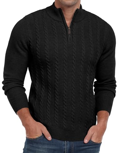 Hisir Pull homme à fermeture éclair en tricot torsadé col rond d'hiver à manches longues pulls décontractés pullover pour homme, Noir , XL