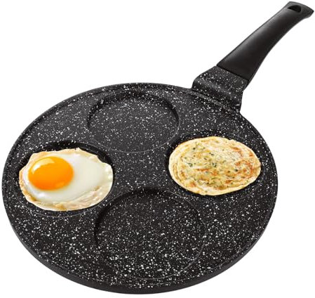 ZOFUN Pancake Pan, 26 cm Egg Frying Pan with 4 Eggs Holes 12cm, Non Stick Frying Pan with Handle, Black Induction Poached Egg Pan for Individual Pancakes, Frying, Uthappam, Induction