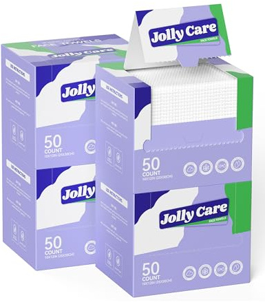 Jolly Care Disposable Face Towels, 10×12 XL Face Towelette Disposable, Soft Makeup Remover Dry Wipes, Thick Facial Tissue for Women Cleansing, Skin Care, 50 Count (4 Pack)