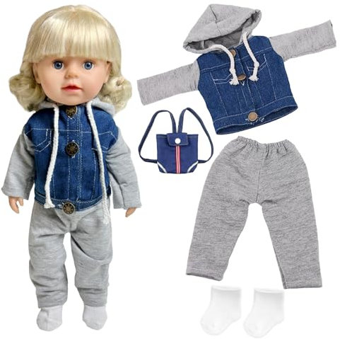 Puppenkleidung Set für 14-18 Zoll Baby Puppen, 30-45cm Kleidung Bekleidung, 4 Stück Neue Jeans/Cowboy Puppenkleidung, Oberteile, Hosen, Rucksäcke, Socken, Geschenk für Kinder Mädchen Jungen