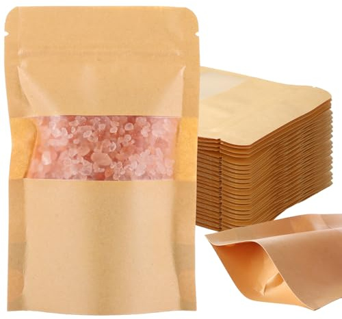 200PCS Kraft Paper Bags with Window, 10 x15cm Standing Brown Paper Bags, Resealable Stand up Pouch, Waterproof Zipper Seal Bag Suitable for Dried Fruit, Tea Seeds, Nut, Coffee Bean