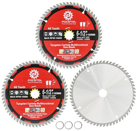 FOCSTOL Kreissägeblatt für Holz 165mm x 20/16mm - 3 Stück Sägeblatt für Holz 60 Zähne zum Schneiden von Kunststoff Aluminium Kupfer und Nichteisenmetalle