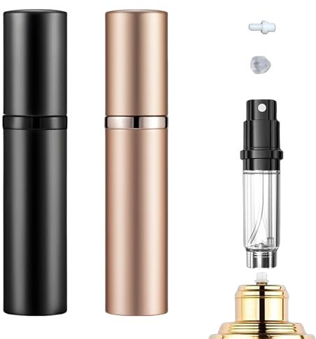 JAONLD Atomizzatore Profumo,2 Pezzi Portaprofumo da Viaggio Ricaricabile Vaporizzatore Profumo,Nebulizzatore Profumo per Viaggiare,Festa,Vita Quotidiana(5ML,Nero,Oro Rosa)