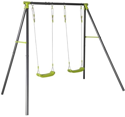 sweeek - Portique balançoire Double en métal BISE. 2 Places. Noir et Vert. Acier. L 217 x P 153 x H 195 cm