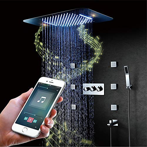 OihPaw Duschsystem,Multifunktionales Chrom Regendusche,380x580mm Duschkopf Mit Musik Und LED-Farblichtern, Mit 6x2zoll Massagedüse,Handbrause Und Wasserhahn Auslauf Duscharmatur Komplettset