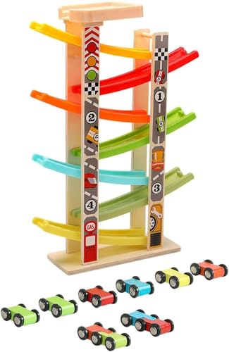 ODG - Piste à rampe en bois avec toboggans colorés et 7 voitures - Fun pour petits pilotes