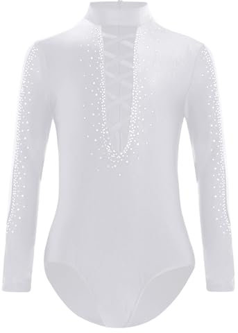 Oyolan Kinder Jungen Gymnastikanzug Turnanzug Langarm Leotard Mesh Patchwork Turntrikot Wettbewerb Tanzkostüm Weiß 158-164