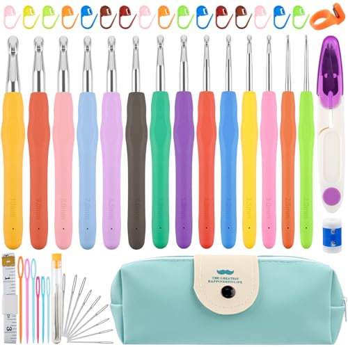 50 Stück Häkelnadel Set, 14 Größe Häkelset von 2 mm bis 10 mm für Anfänger mit Häkel Zubehör, Häkelnadeln Set Ergonomische Soft Gummi Comfort Grip, Häkel Set mit Tragbaren Tasche