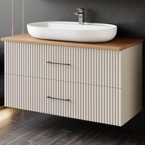 Karen Waschtisch mit Unterschrank Liana | Keramikwaschbecken | Unterschrank | Badmöbel | Aufsatzwaschbecken | Konsolenwaschtisch | Elegant | Badezimmer | Riffeloptik (Liana 100 mit Konsole Walnuss)