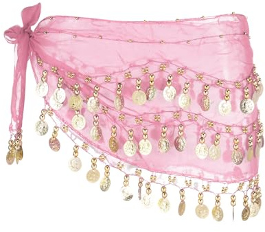 sourcing map Belly Dance Hip Scarf 57x11, 1 Pack Women's Belly Dance Costume Skirt Wrap with 72 Gold Coin for Dance or Yoga Class, Pink