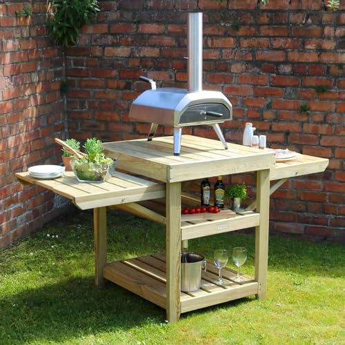 Parcel in the Attic Garden Pizza Oven table with Shelves and side extentions in Pressure Treated Wood - 10 year warranty against rot