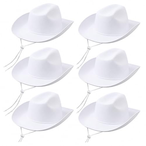 LYCN 6 cappelli da cowboy bianchi da cowboy per uomo e donna, in feltro, con coulisse regolabile sul collo, per adolescenti, adulti, feste, cosplay, carnevale, camping