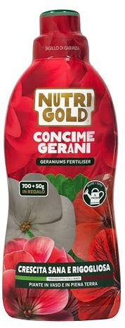 NutriGold® concime Gerani | Fertilizzante Specifico per Gerani in Vaso o Giardino - Stimola Fioriture Abbondanti e Colori Brillanti - Nutrienti Selezionati a Km0 - Formato Liquido 700g + 50g Omaggio