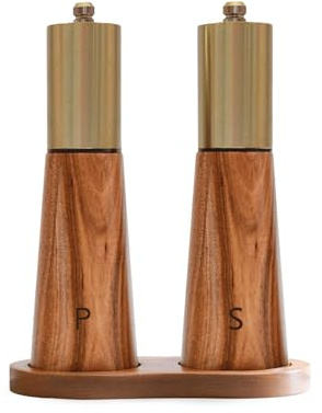 Salt and Pepper Grinder Set Gold Manual Pepper Grinder with Wooden Base, Adjustable Coarseness Refillable Ceramic Blade Grinding Enjoy Fresh Ground Pepper Salts with Spices, 2pcs-7in(7IN-Golden Wood)