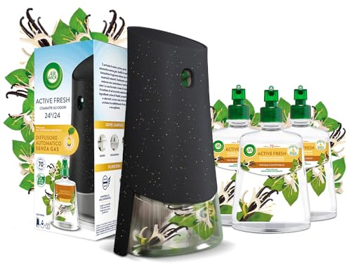 Airwick Active Fresh Deodorante per Ambienti, Confezione con 1 Diffusore Automatico senza gas, 4 Ricariche alla Fragranza Vaniglia e Caprifoglio, 4x228ml, 2 Pile AA, Neutralizza Odori 24/7