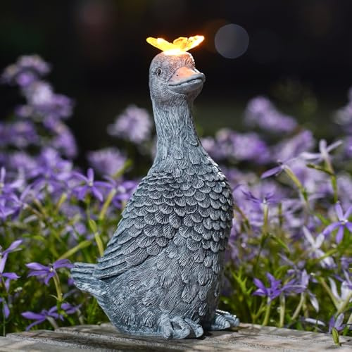 Yeomoo Senger Gans Gartenfiguren mit Schmetterlinge Solar Gartendeko für Draußen - Lustig Goose Solar Tiere für Außen Garten, Geschenke für Frauen Mama Männer Garten Balkon Terrassen Decor Zimmer Grau