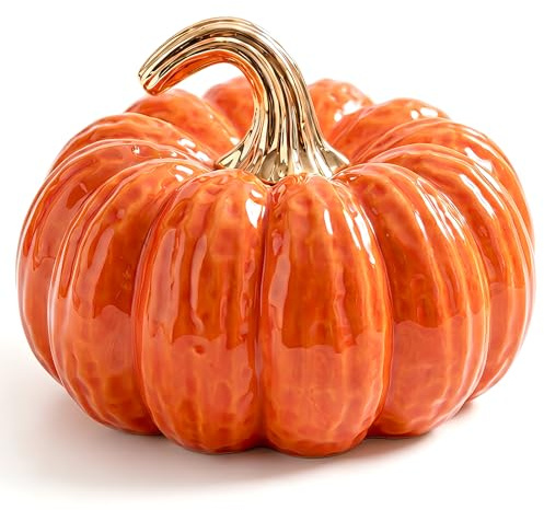 Quancru Artificial Orange Pumpkins Ceramic 7.9 Inch Large Fake Faux Halloween Pumpkin Figurines for Fall Harvest Thanksgiving Home Tabletop Centerpiece Crafts Outdoor Decorations - 1 PCS