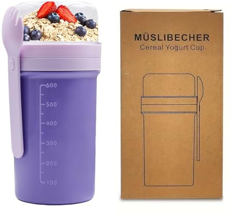 Zyluniy Tazza Yogurt to Go 250ml + 650ml Bicchiere da Muesli Yogurt Frutta, Riutilizzabile Tazza Yogurt e Cereali con Cucchiaio e Contenitore per Spezie per Lavoro, Scuola, Viaggi Viola