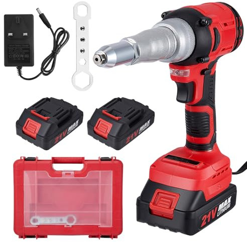 Cordless Rivet Gun, Brushless Rivet Nut Guns with 2 x 21V 1.5Ah Batteries, Charger & Carrying Case, Pop Rivet Gun Kit with 3 Adapters, Wrench & LED Light, Portable Rivet Nut Gun Kit