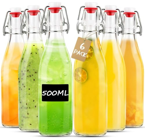 Otauoaea 6 Stück Glasflaschen Zum Befüllen, Glasflaschen 500ML Mit Bügelverschluss, Kleine Flaschen Zum Befüllen inkl Etiketten mit Stift, Flaschen Likörflaschen Für Öl, Essig, Saft & Limonade