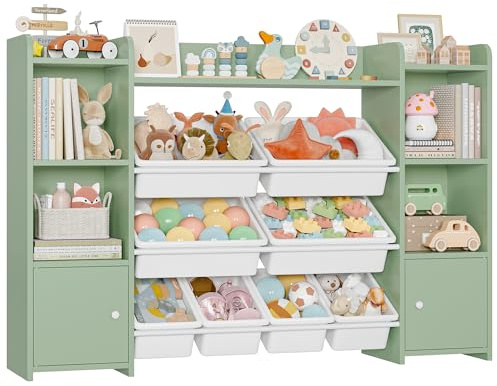 FOREHILL Toy Storage Unit Children's Bookcase Kids Storage Unit Toy Organiser with 8 Removable Boxes and Storage Shelves for Playroom Bedroom Living Room Green