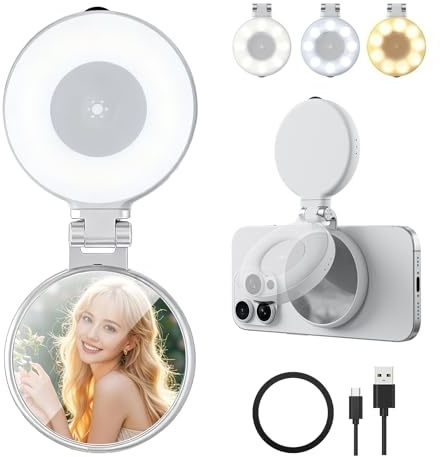 Magnetic Selfie Ligh twith Mirror,3-in-1 Portable LED Fill Light,Dimmable with Foldable Design, 360° Rotatable for Selfie Vlog Video Conference Lighting