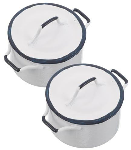 VANZACK 2 Pièces Échelle Lot de Ustensiles de Cuisine Miniatures Bleu Bordé Casserole Blanche pour Maison de Poupée Accessoires de Cuisine Miniatures et Décoration