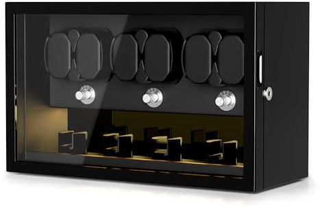 TWIXSTAR Uhrenbeweger, Schlüsselschloss Uhrenwinder für 4/6/8 Automatikauhren mit 3 Zusätzlichen Speichern, Leiser Motor, 4 Rotationsmodi, Schaumstoff Pad, LED-Licht und Typ-C-Adapter
