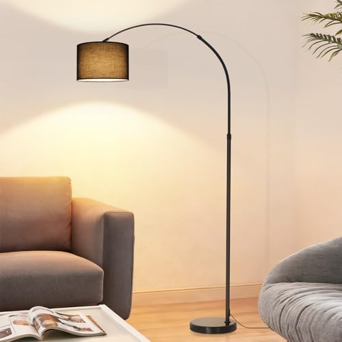 ZMH Bogenlampe Wohnzimmer Stehlampe - Stoffschirm Ø30 cm Stehleuchte 181CM | mit Marmorsockel Ø26 cm E27 Fassung max. 40W IP20 Eisen Lampenständer Sofa Leseecke,Schwarz, ohne Leuchtmittel