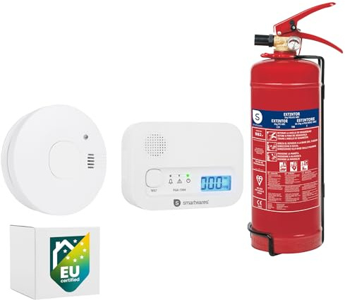 Bundle Smartwares Carbon Monoxide Detector FGA-13041 + smoke detector FSM-11710 + Smartwares Powder extinguisher 2 kg FEX-15125