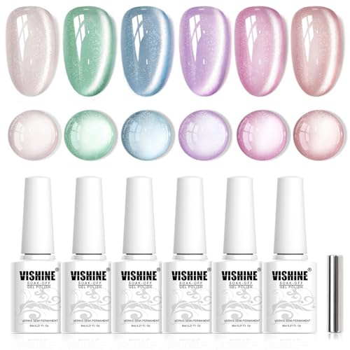 Vishine Cat Eye Gel Nail Polish 6 Colori Nude, Green, Blue, Lilac, Rosa Pink, Icy Olograhic Shades, Smalto Semi-Permanente Magnetico UV/LED Nail Art Estate