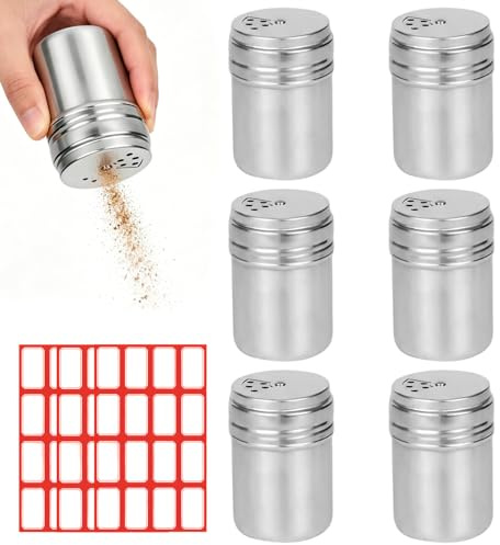 mini salzstreuer,6 Stück Mini Salzstreuer, Set Mit 3 Aufklebern, 15ml Edelstahl Salzstreuer Mini, Neu verbessert, kein Deckel mehr nötig, einfach aufdrehen! Für Picknicks(4 S-Loch)