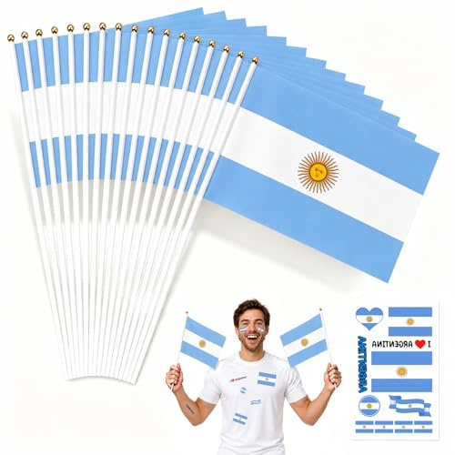 Shyllin Bandiere Mondiali 2026 - Set da 20 Bandierine a Mano (14x21cm) con 10 Tatuaggi Adesivi, Kit Fan Gadget Calcio Universale, Decorazioni Bandiere per Coppa del Mondo 2026 (Argentina)