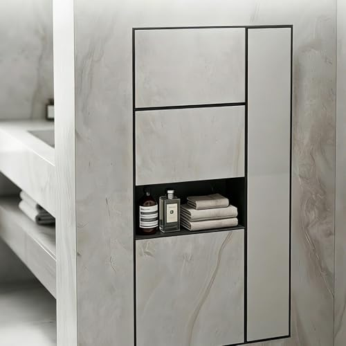 6 In 1 Tileable Shower Niche with Towel Rack, Black Wall Insert Bathroom Toilet Paper Holder with Magnetic Door, Recessed Tilt Out Trash Can Storage Cabinet