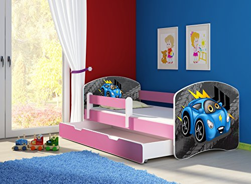 CLAMARO 'Fantasia Pink' 160 x 80 Kinderbett Set inkl. Matratze, Lattenrost und mit Bettkasten Schublade, mit verstellbarem Rausfallschutz und Kantenschutzleisten, Design: 04 Rennwagen Blau