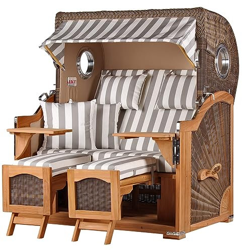bene living Strandkorb Ammersee Grande XL Teak Bullauge - PE grau - Modell 513-2,5-Sitzer inkl. Liftersystem