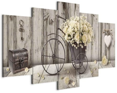 B&D XXL - Quadri Moderni Soggiorno Grandi Dimensioni, Fiori Legno 200x100cm | Chiodi Inclusi, 5 Pezzi, Quadro Moderno, Stampe su Tela, Decorazioni da Parete, Rose Bicicletta Cuore, Produzione Europea