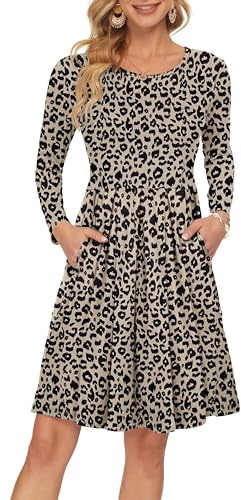 AUSELILY Women's Long Sleeve Dress Knee-Length Leopard L