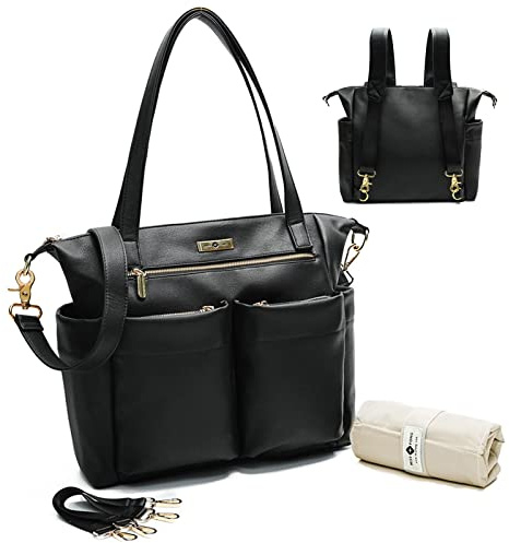 MISS FONG Baby-Wickeltasche, Wickelrucksack, Leder, Wickeltasche mit Wickelunterlage und Kinderwagengurten für Schwangerschaft, Mama und Papa, Schwarz