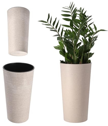 KADAX Pflanzkübel mit Innentopf Creme Ø 19 cm, Höhe 36.8 cm – Moderner Pflanztopf mit Einsatz, Blumentopf aus robuster Kunststoff für Innen- und Außenbereich, ideal für Wohnzimmer, Balkon, Büro